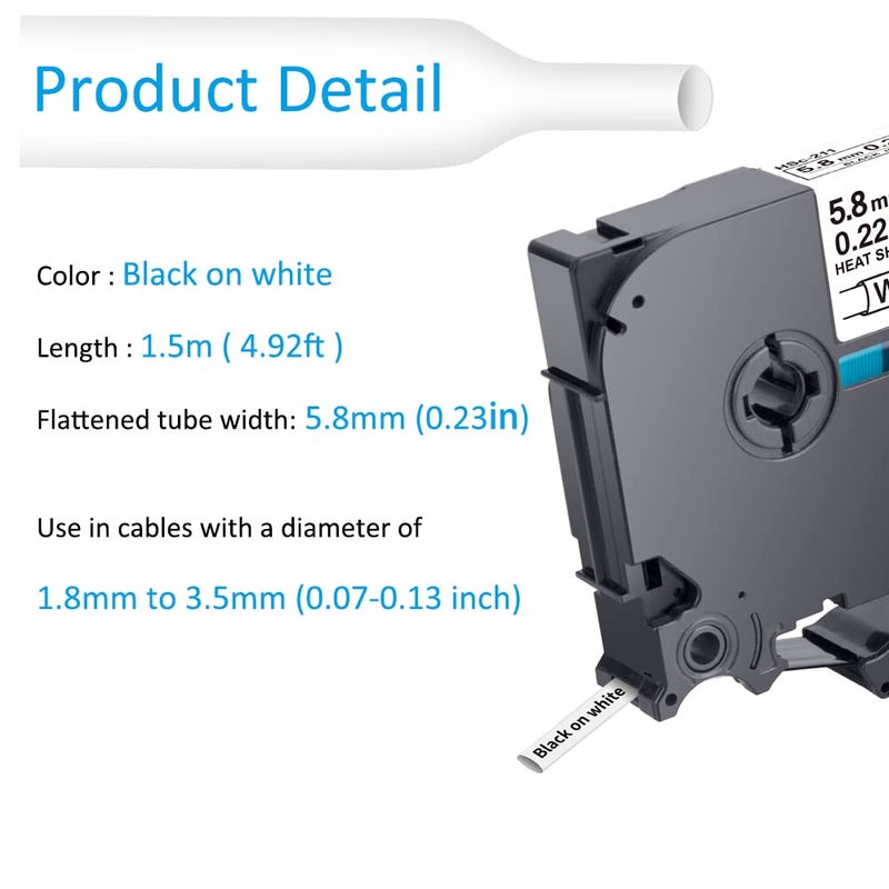 Hehua Compatible Heat Shrink Label Tape Replacement for Brother Tube Label HSe-211 HSe211 HS-211 HS211 Black on White Use in PT-E300 PT-E500 PT-P750WVP Printer (0.22''x 4.92ft  5.8mm x 1.5m  3 Pack) - Image 4